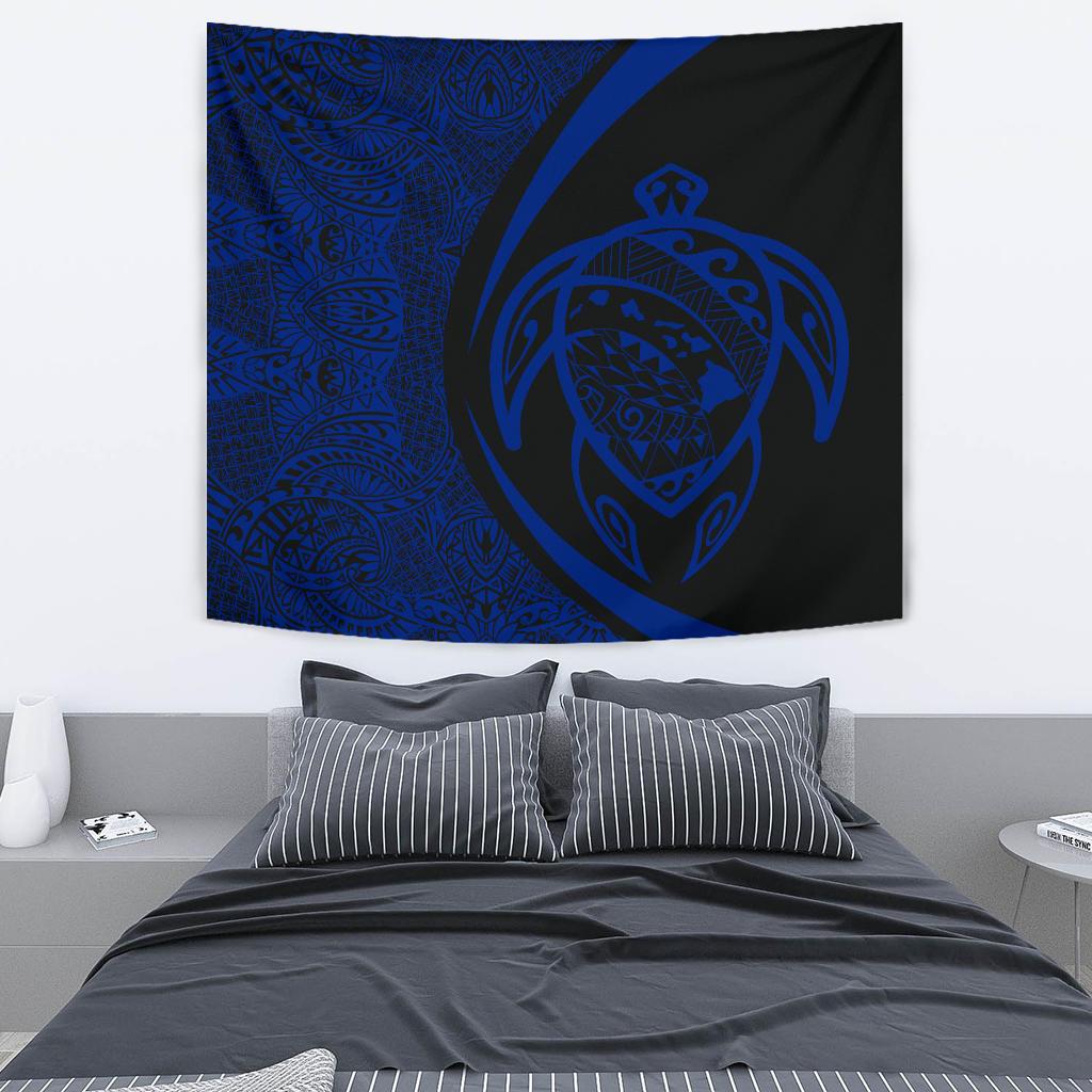 Hawaii Turtle Map Polynesian Tapestry - Blue - Circle Style Wall Tapestry Medium 80" x 68" Blue - Polynesian Pride