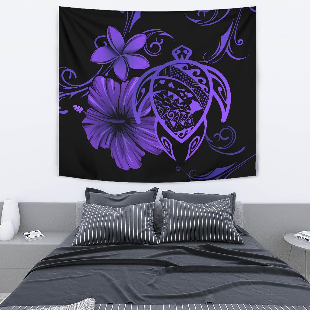 Hawaii Turtle Map Hibiscus Plumeria Poly Tapestry - Purple Wall Tapestry 130cm*150cm Purple - Polynesian Pride