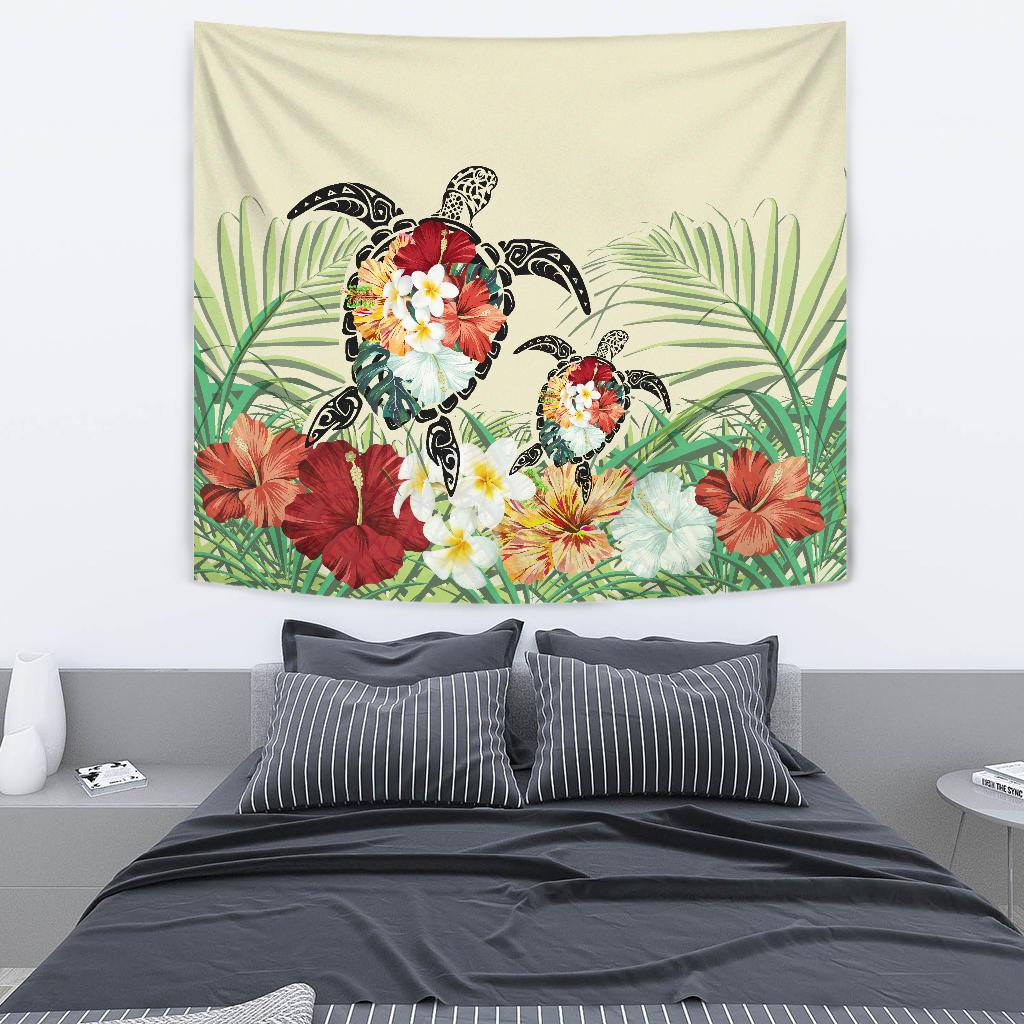 Hawaii Turtle Flowers Coconut Tree Leaf Tapestry Wall Tapestry Beige - Polynesian Pride