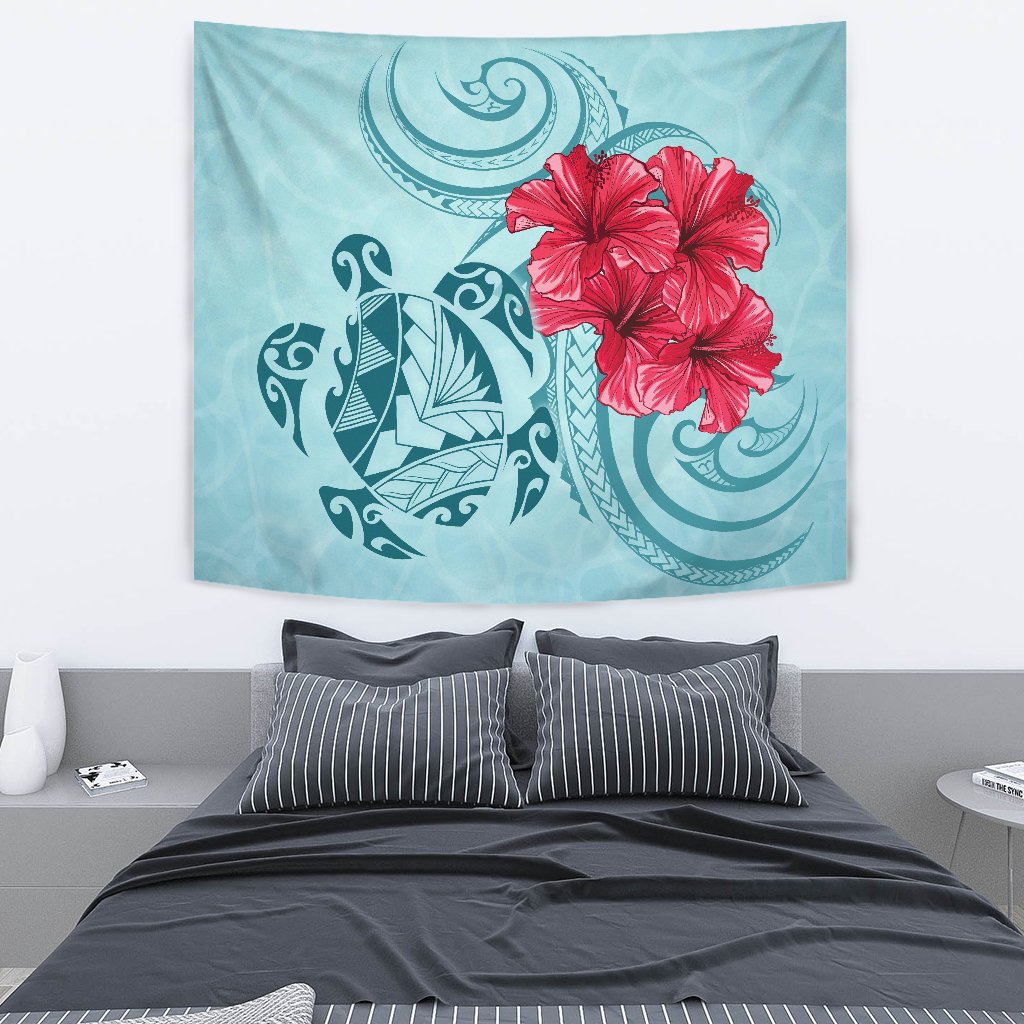 Hawaii Polynesian Turtle Hibiscus Blue Tapestry - Bless Style Wall Tapestry Medium 80" x 68" Blue - Polynesian Pride