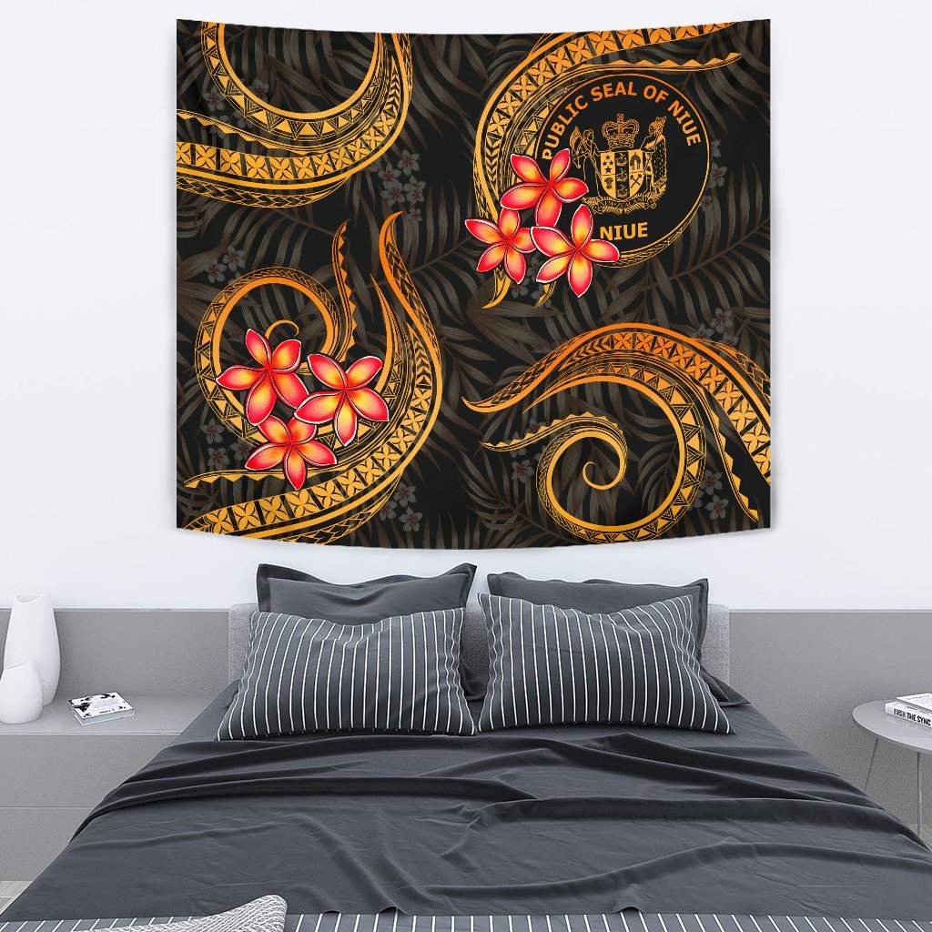 Niue Tapestry - Gold Plumeria TAPESTRY Medium 80" x 68" GOLD - Polynesian Pride