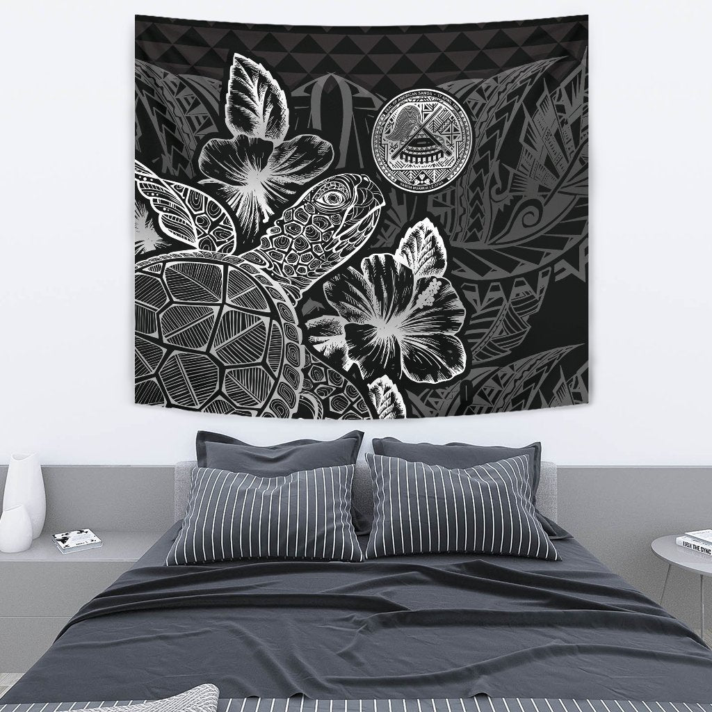 American Samoa Tapestry - Turtle Hibiscus Pattern Black Wall Tapestry Medium 80" x 68" Black - Polynesian Pride
