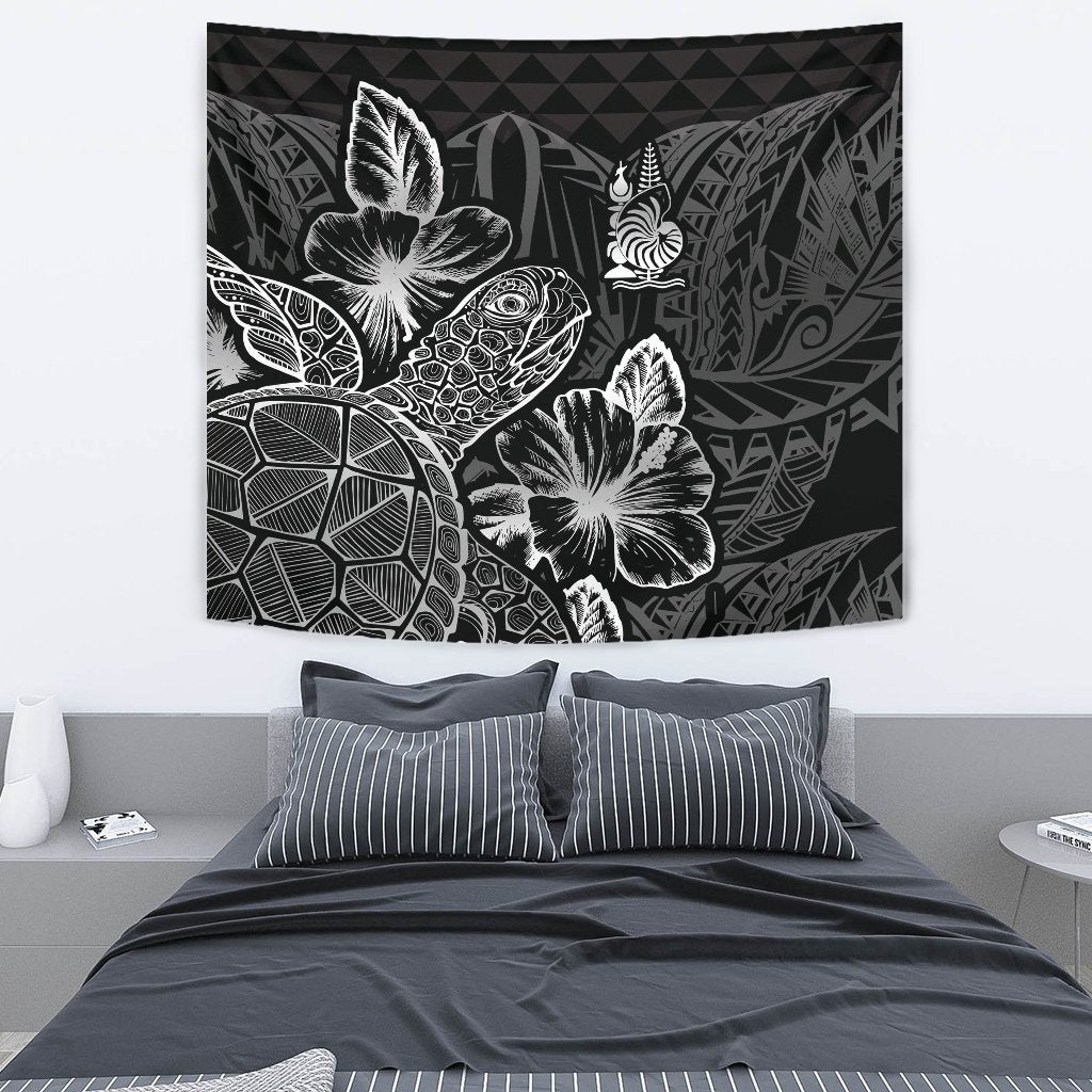 New Caledonia Tapestry - Turtle Hibiscus Pattern Black Wall Tapestry Medium 80" x 68" Black - Polynesian Pride