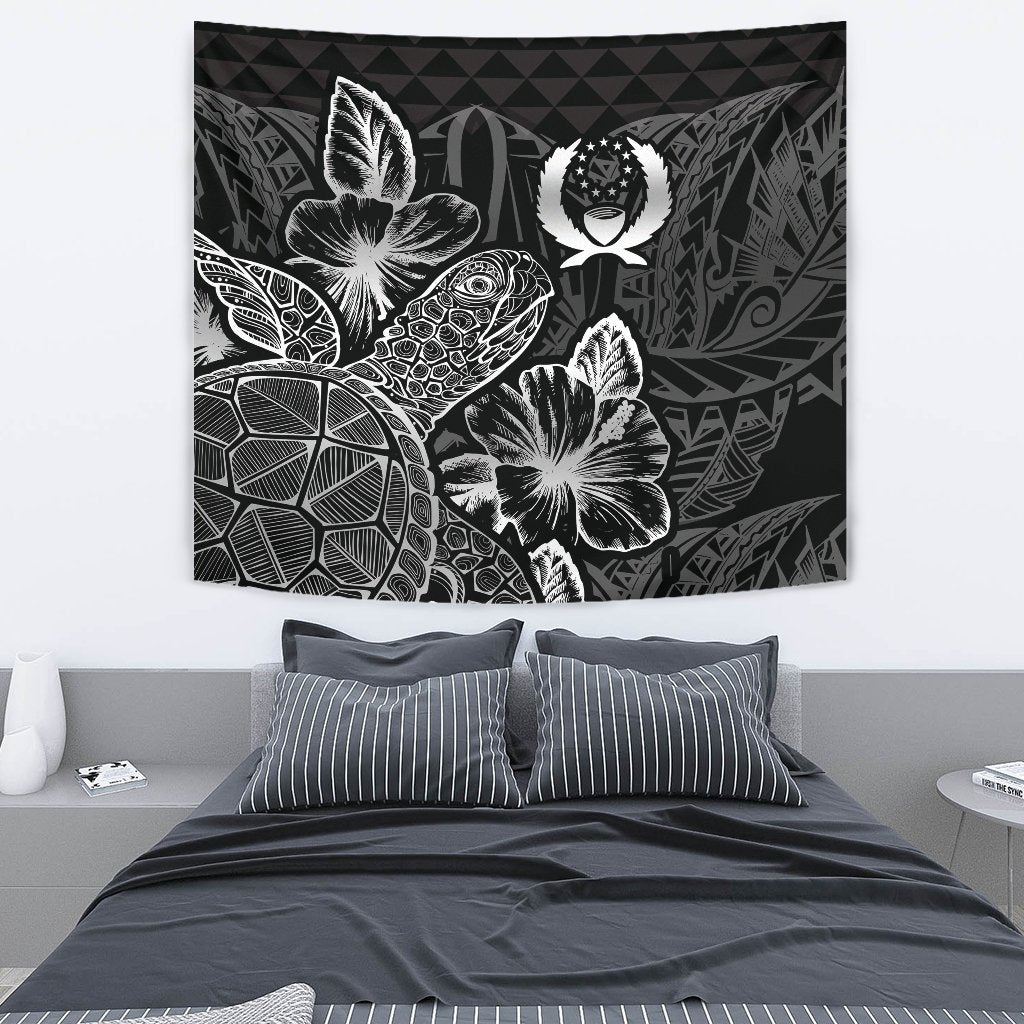Pohnpei Tapestry - Turtle Hibiscus Pattern Black Wall Tapestry Medium 80" x 68" Black - Polynesian Pride