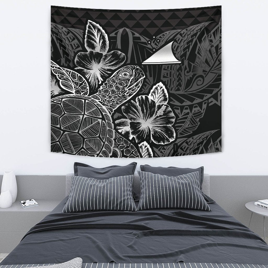 Tokelau Tapestry - Turtle Hibiscus Pattern Black Wall Tapestry Medium 80" x 68" Black - Polynesian Pride