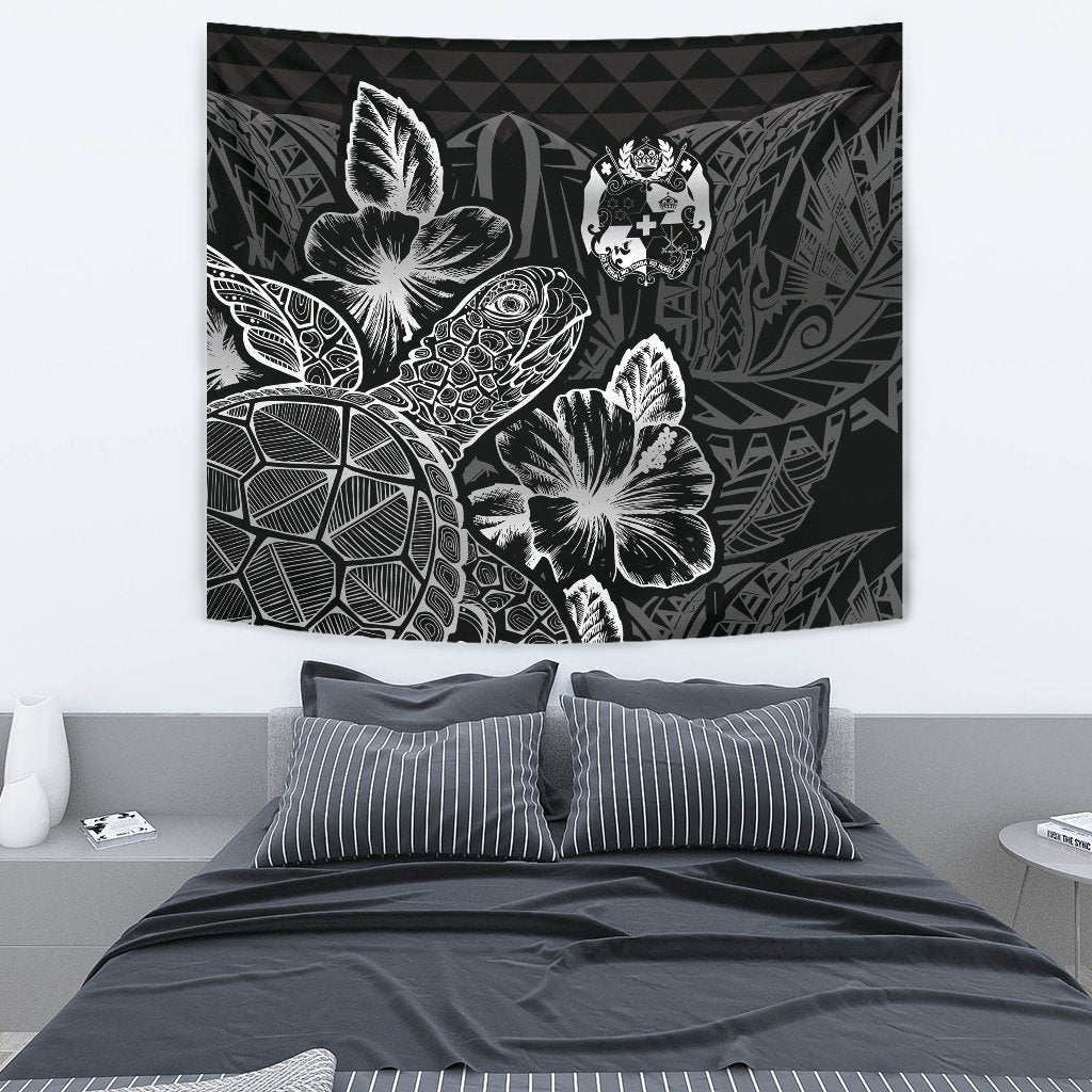 Tonga Tapestry - Turtle Hibiscus Pattern Black Wall Tapestry Medium 80" x 68" Black - Polynesian Pride