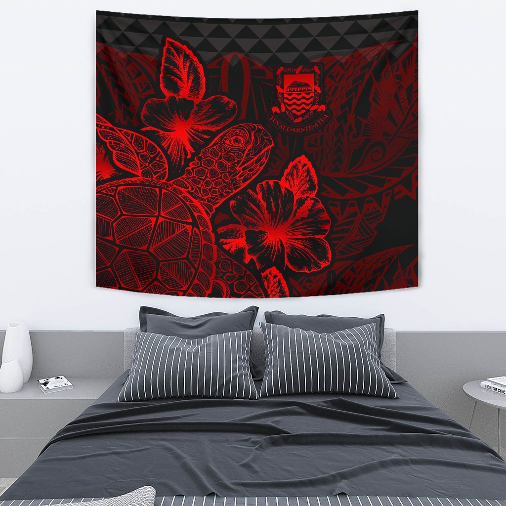 Tuvalu Tapestry - Turtle Hibiscus Pattern Red Wall Tapestry Medium 80" x 68" Red - Polynesian Pride