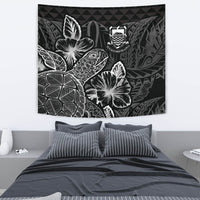 Tuvalu Tapestry - Turtle Hibiscus Pattern Black Wall Tapestry Medium 80" x 68" Black - Polynesian Pride