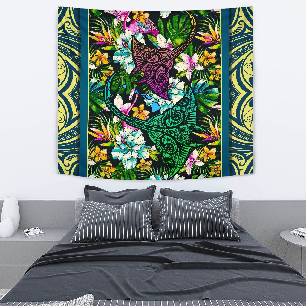Hawaii Manta Ray Tropical Polynesian Tapestry - Pure Style Wall Tapestry Green - Polynesian Pride