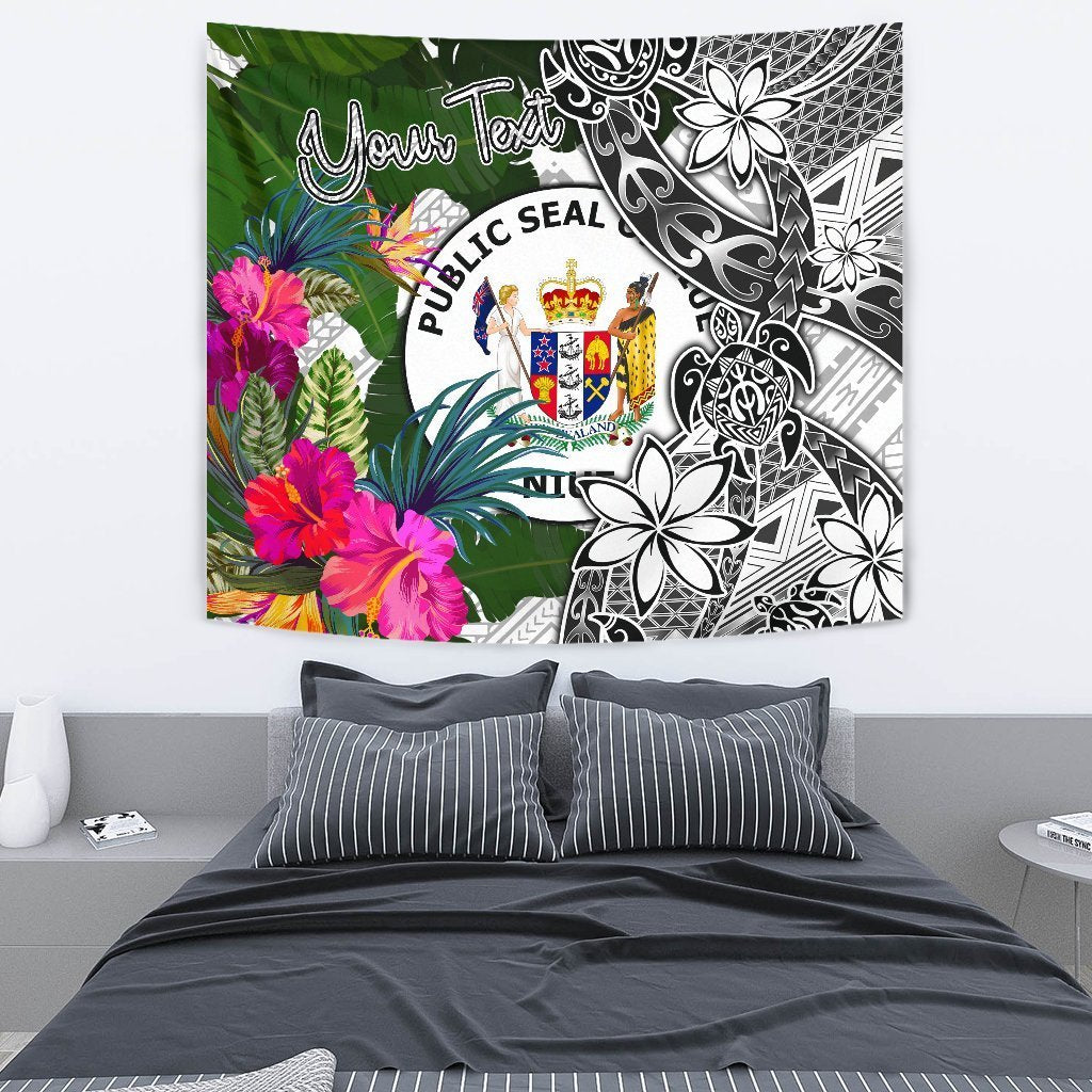 Niue Custom Personalised Tapestry White - Turtle Plumeria Banana Leaf - Polynesian Pride