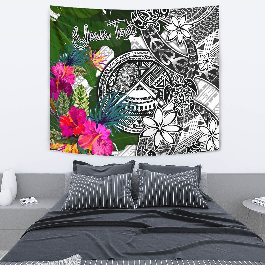 American Samoa Custom Personalised Tapestry White - Turtle Plumeria Banana Leaf - Polynesian Pride