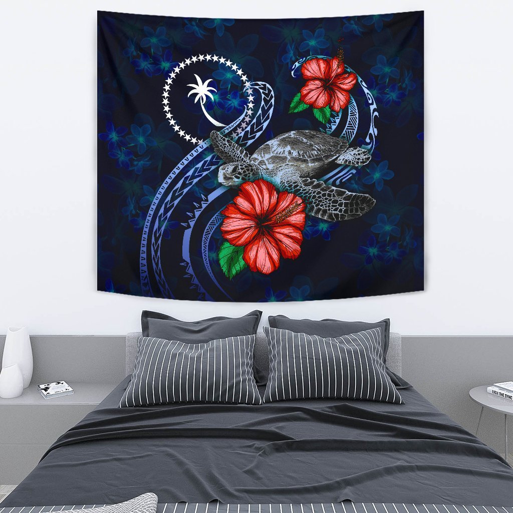Chuuk Polynesian Tapestry - Blue Turtle Hibiscus One Style Medium 80" x 68" Blue - Polynesian Pride