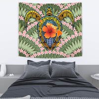 Hawaii Turtle Map Plumeria Hawaiian Tropical Tapestry - Candy Style - AH Wall Tapestry Medium 80" x 68" Green - Polynesian Pride
