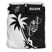 Guam Duvet Cover Set - Guam Coat Of Arms & Coconut Tree Black White - Polynesian Pride