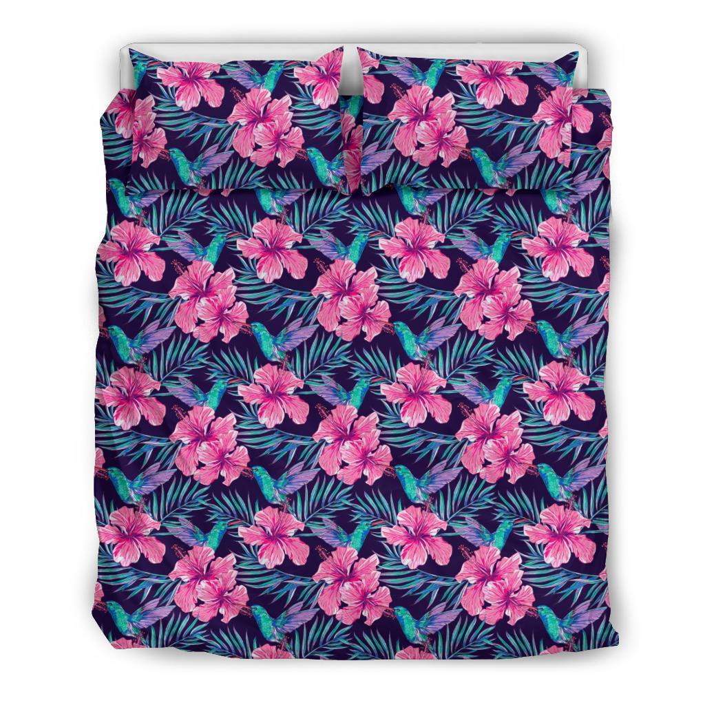 Hawaiian Tropical Hibiscus Flowers Hummingbirds Palm Leaves Polynesian Bedding Set Black - Polynesian Pride