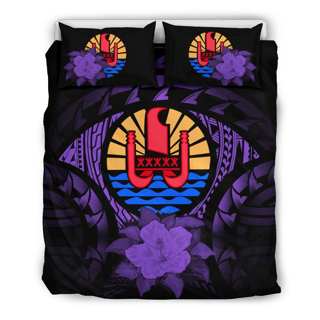 Tahiti Duvet Cover Set - Tahiti Flag & Purple Hibiscus - Polynesian Pride