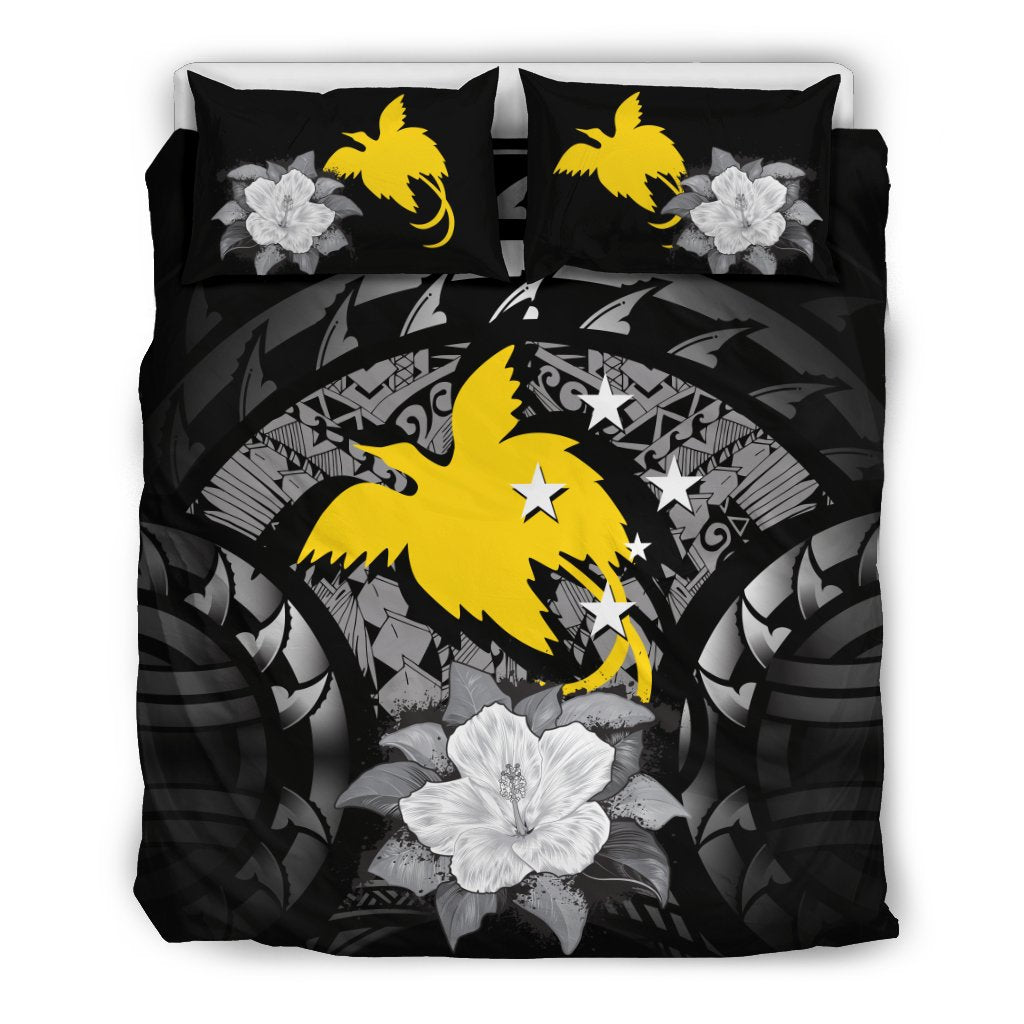 Papua New Guinea Duvet Cover Set - Papua New Guinea Flag Gray Hibiscus - Polynesian Pride