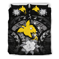 Papua New Guinea Duvet Cover Set - Papua New Guinea Flag Gray Hibiscus - Polynesian Pride