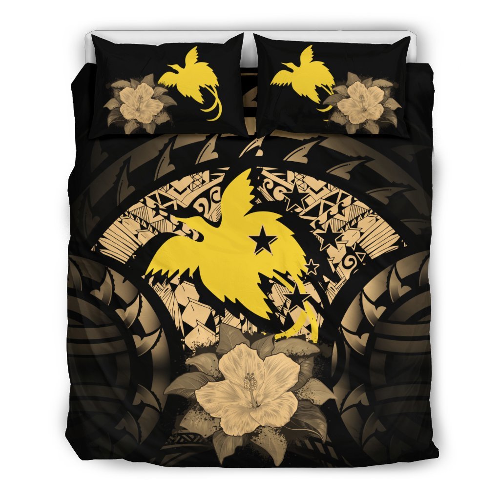 Papua New Guinea Duvet Cover Set - Papua New Guinea Flag Gold Hibiscus - Polynesian Pride