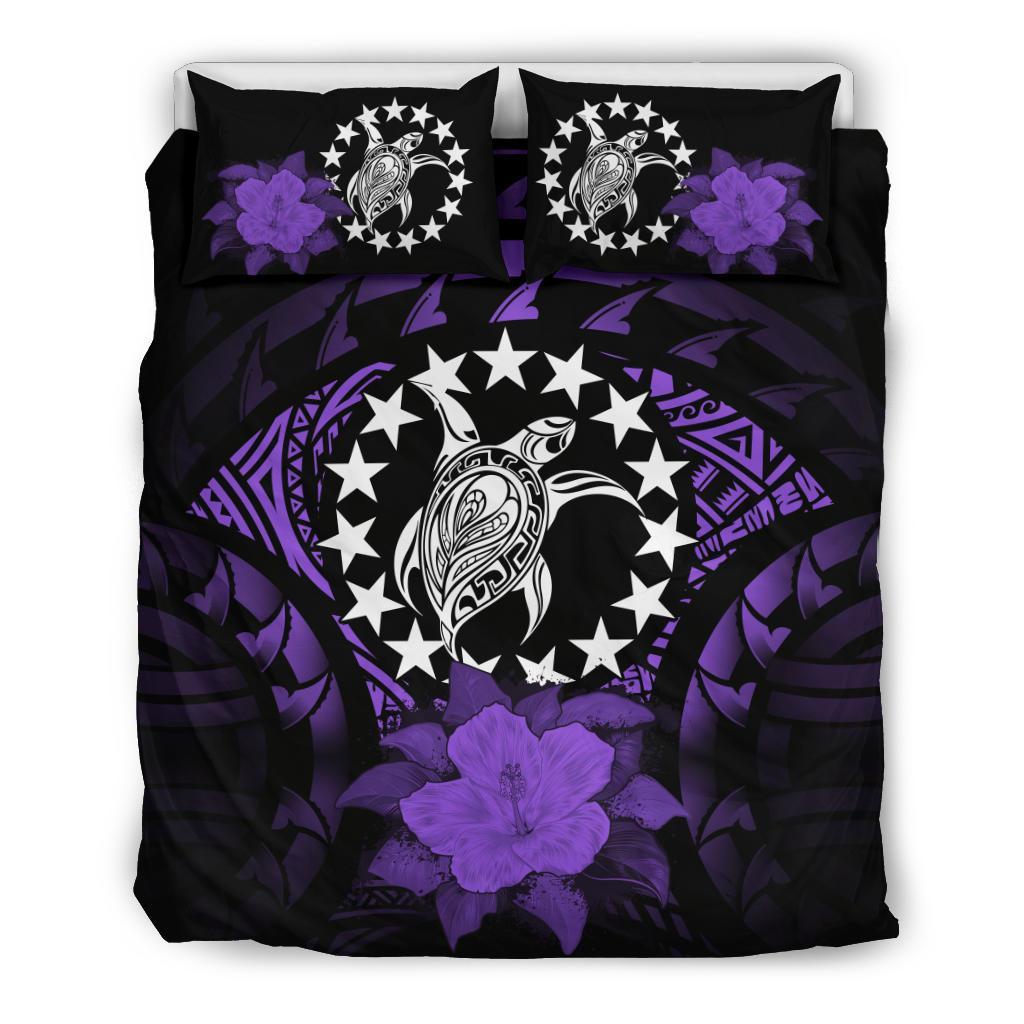 Cook Islands Duvet Cover Set - Cook Island Flag Turtle & Purple Hibiscus - Polynesian Pride
