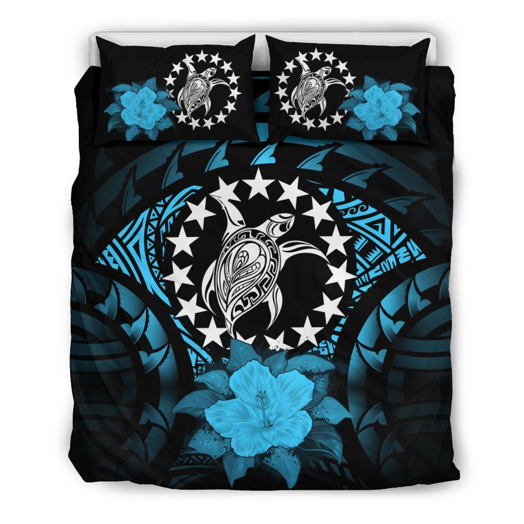 Cook Islands Duvet Cover Set - Cook Island Flag Turtle & Turquoise Hibiscus - Polynesian Pride