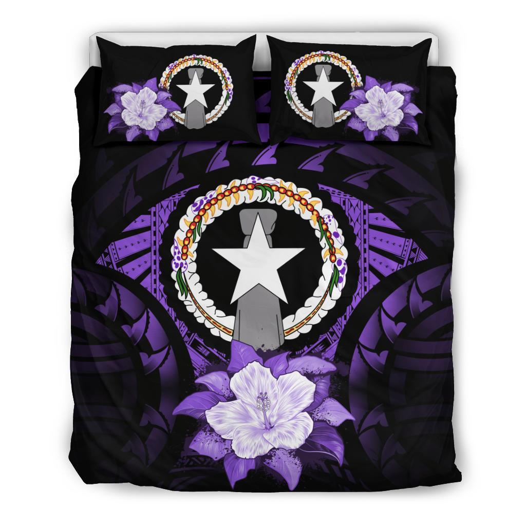 Northern Mariana Islands Duvet Cover Set - Northern Mariana Islands Flag & Purple Hibiscus - Polynesian Pride
