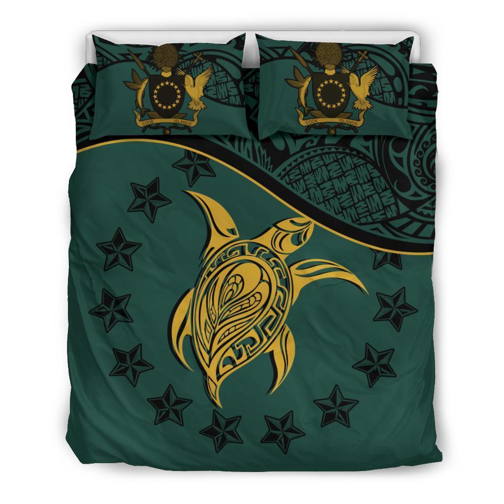 Cook Island Duvet Cover Set - Cook Island Flag & Turtle Tattoo Dark Green - Polynesian Pride