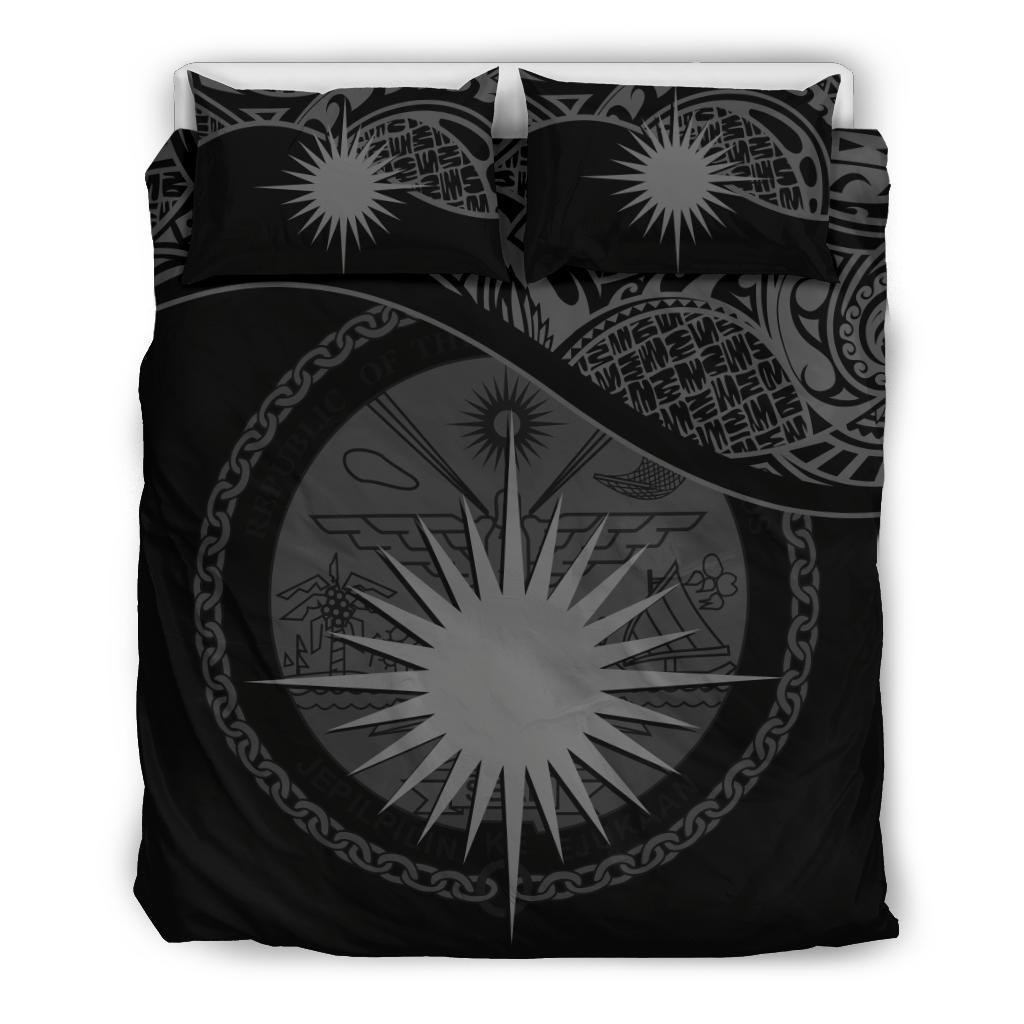 Marshall Island Duvet Cover Set - Marshall Island Coat Of Arms & Flag Black - Polynesian Pride