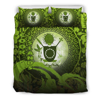 Cook Islands Duvet Cover Set - Cook Islands Coat Of Arms Wave and Hibiscus Green - Polynesian Pride