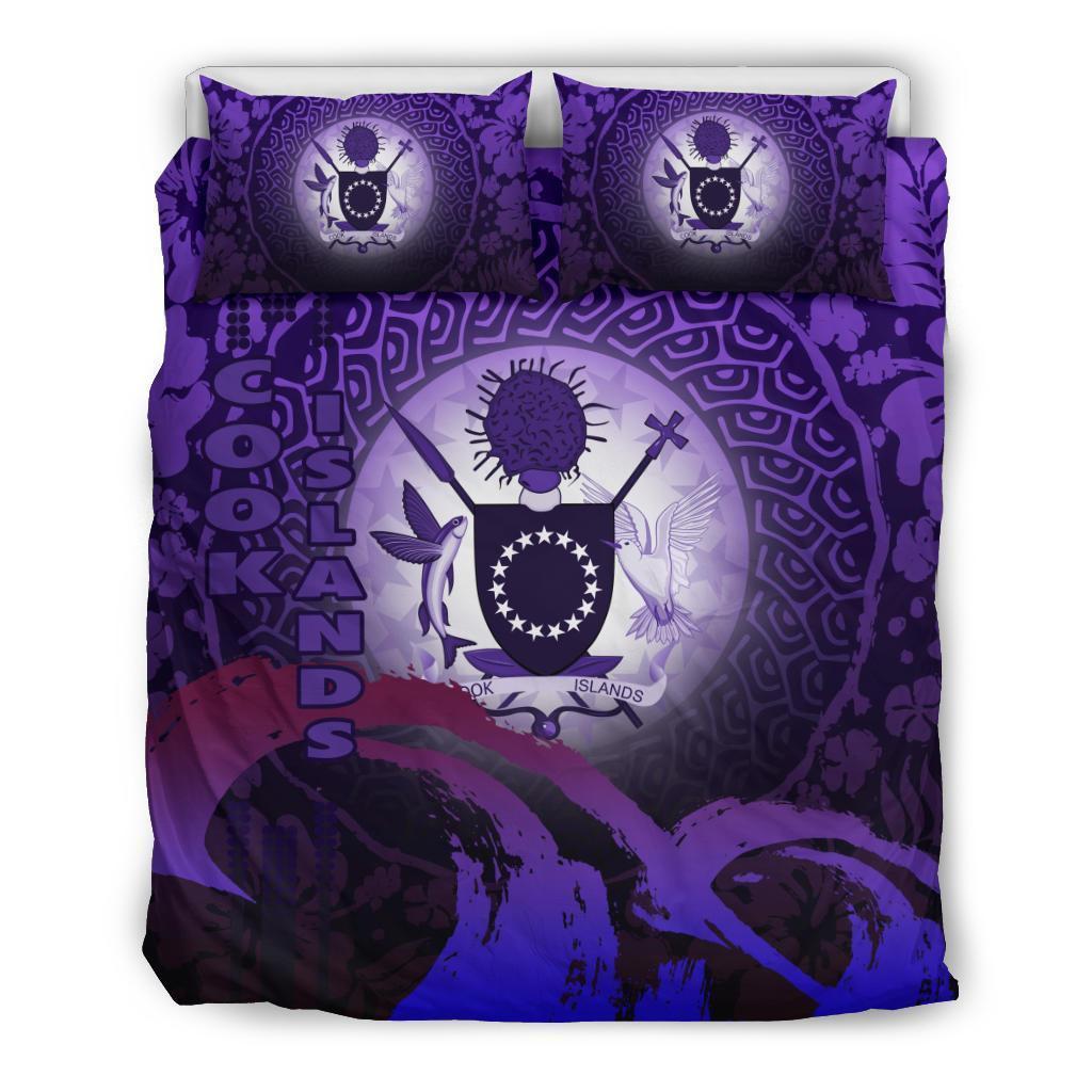 Cook Islands Bedding Set - Wave And Hibiscus Purple Green - Polynesian Pride
