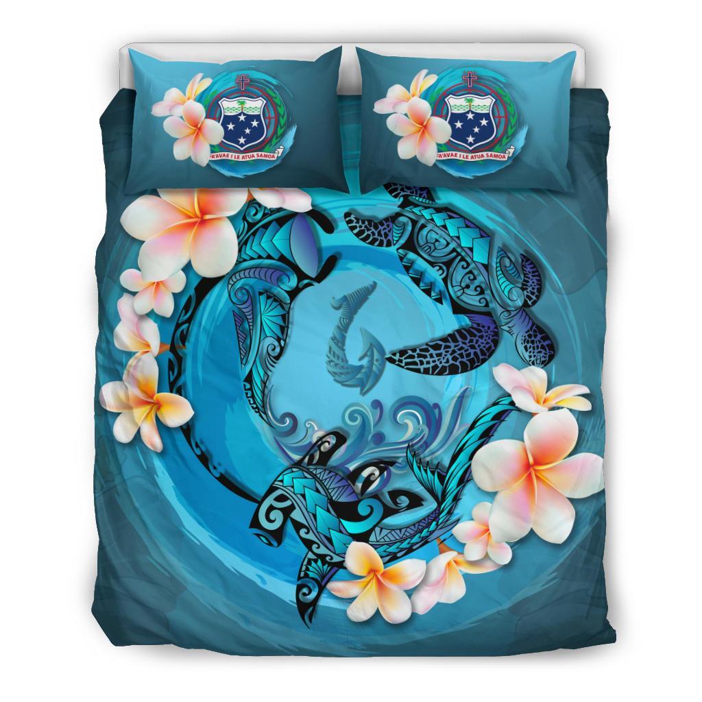 Polynesian Duvet Cover Set - Samoa Bedding Set Blue Plumeria Animal Tattoo - Polynesian Pride