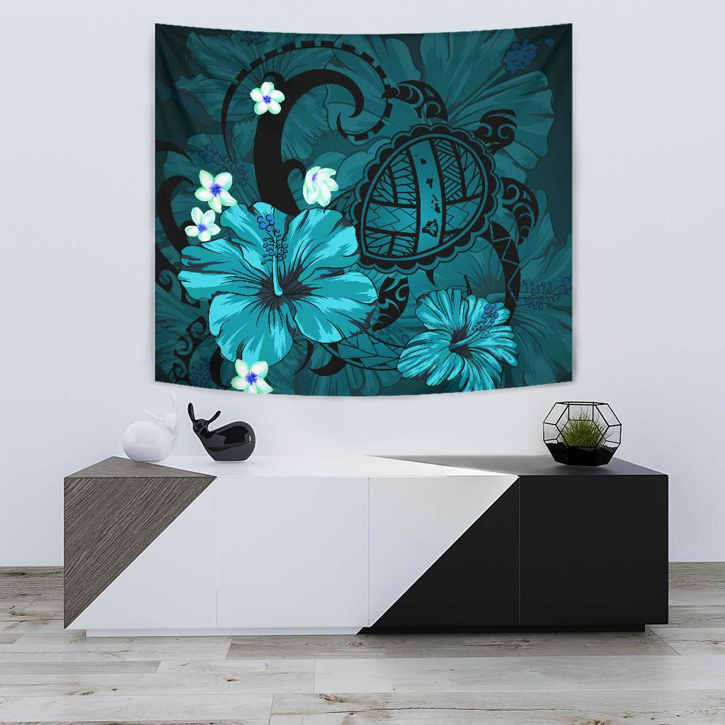 Hawaii Turtle Poly Tribal Turquoise Tapestry Wall Tapestry 75cm*90cm Blue - Polynesian Pride