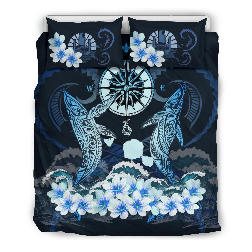 Polynesian Duvet Cover Set - Tahiti Bedding Set Shark Polynesia Compass Plumeria Blue - Polynesian Pride