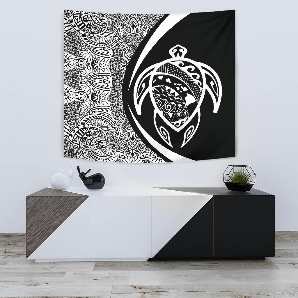 Hawaii Turtle Map Polynesian Tapestry - White - Circle Style Wall Tapestry 75cm*90cm White - Polynesian Pride