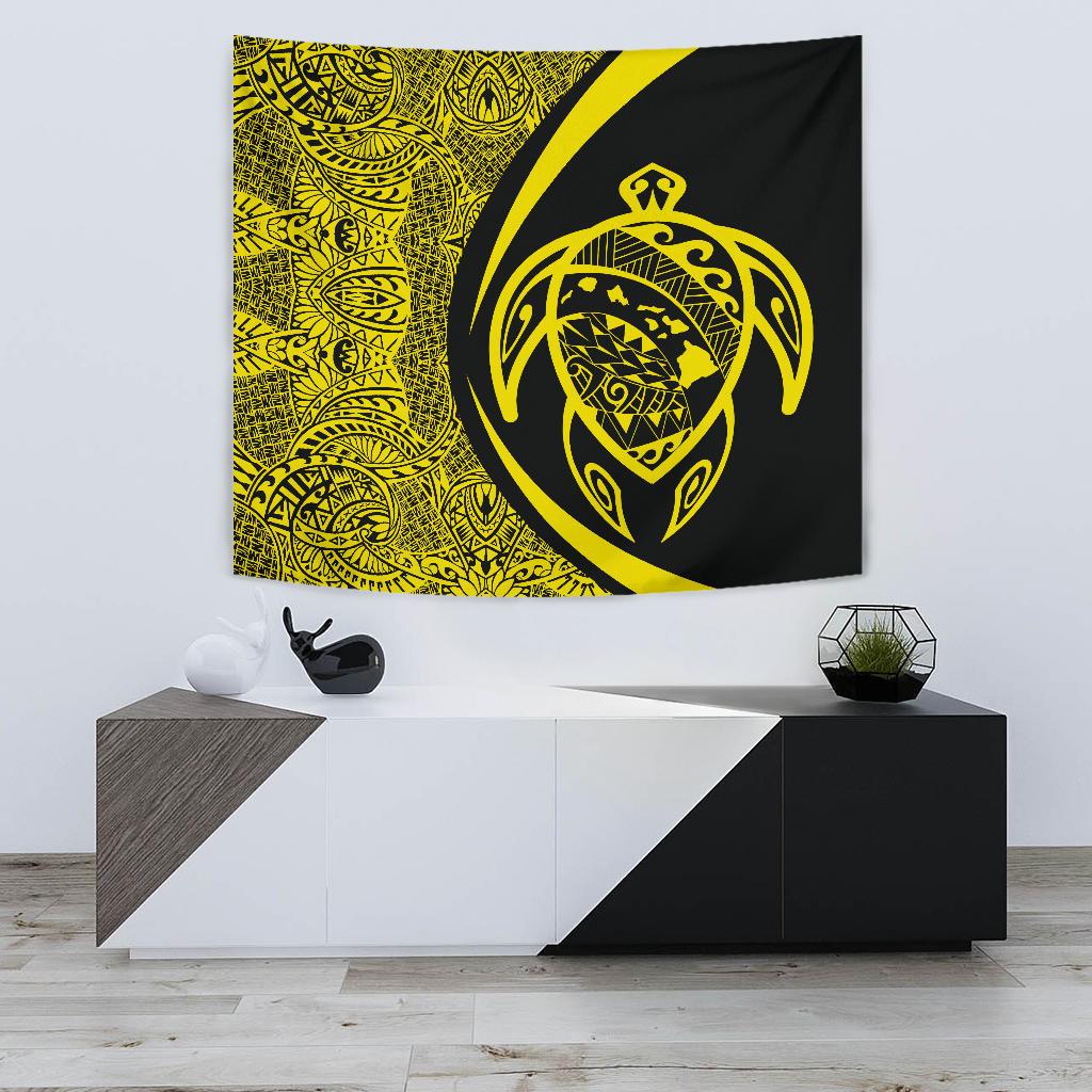 Hawaii Turtle Map Polynesian Tapestry - Yellow - Circle Style Wall Tapestry 75cm*90cm Yellow - Polynesian Pride