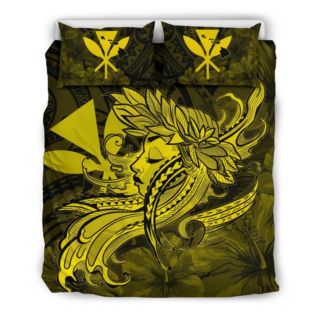 Hawaiian Map Hula Girl Hibiscus Kanaka Polynesian Bedding Set - Yellow Yellow - Polynesian Pride