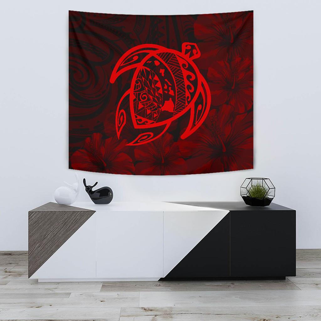 Hawaii Turtle Kanaka Map Hibiscus Poly Tapestry - Red Wall Tapestry 75cm*90cm Red - Polynesian Pride