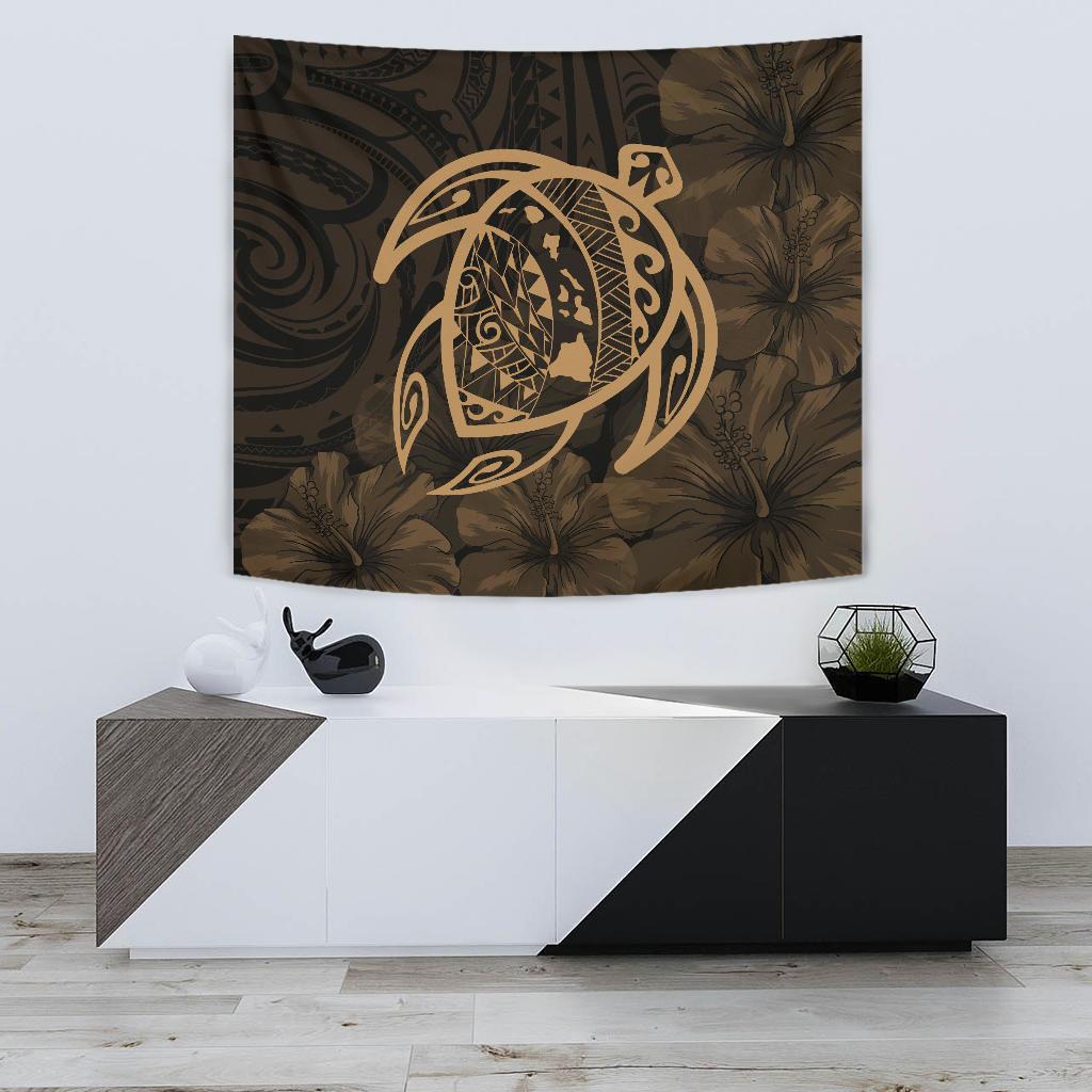 Hawaii Turtle Kanaka Map Hibiscus Poly Tapestry - Gold Wall Tapestry Small 60" x 51" Gold - Polynesian Pride