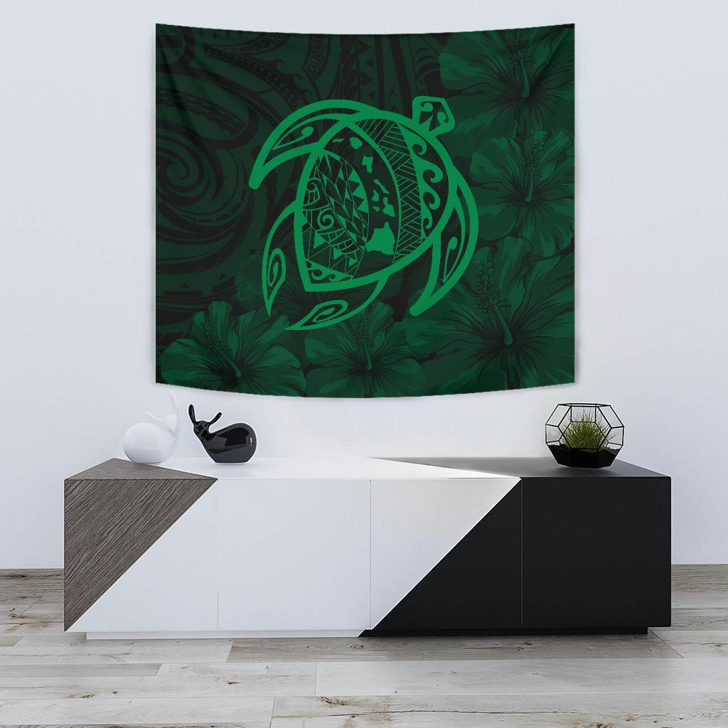 Hawaii Turtle Kanaka Map Hibiscus Poly Tapestry - Green Wall Tapestry 75cm*90cm Green - Polynesian Pride