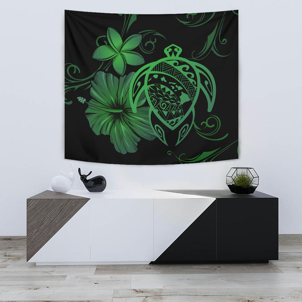 Hawaii Turtle Map Hibiscus Plumeria Poly Tapestry - Green Wall Tapestry 75cm*90cm Green - Polynesian Pride