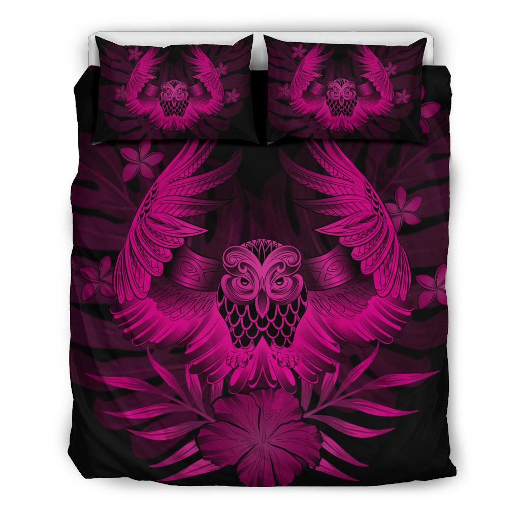 Hawaiian Owl Hibiscus Plumeria Polynesian Bedding Set - Pink Pink - Polynesian Pride