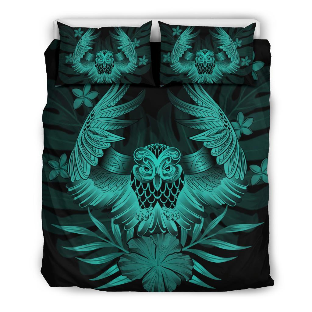 Hawaiian Owl Hibiscus Plumeria Polynesian Bedding Set - Turquoise Turquoise - Polynesian Pride