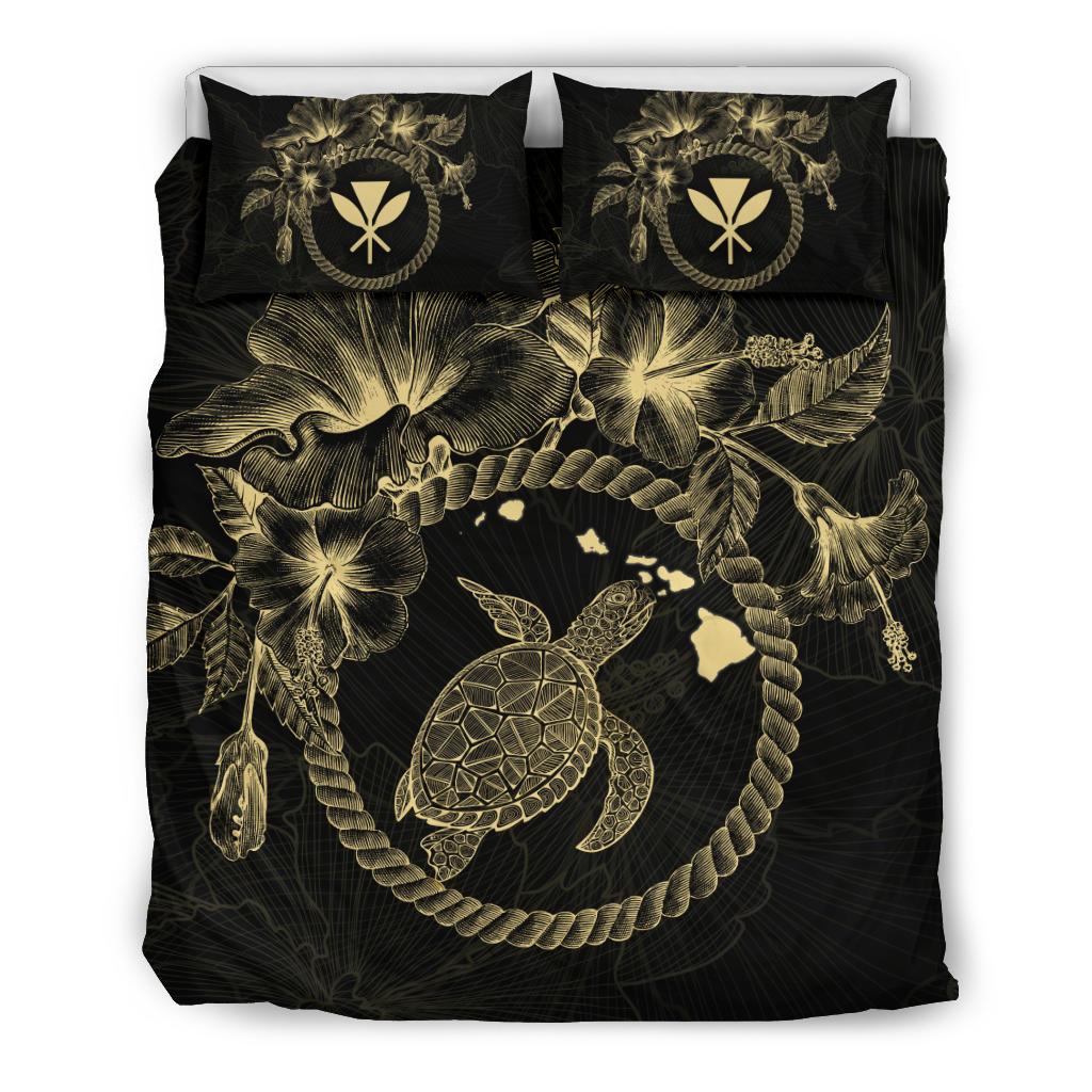 Polynesian Hawaii Bedding Set - Gold Turtle Hibiscus Flower Frame Vintage - Polynesian Pride