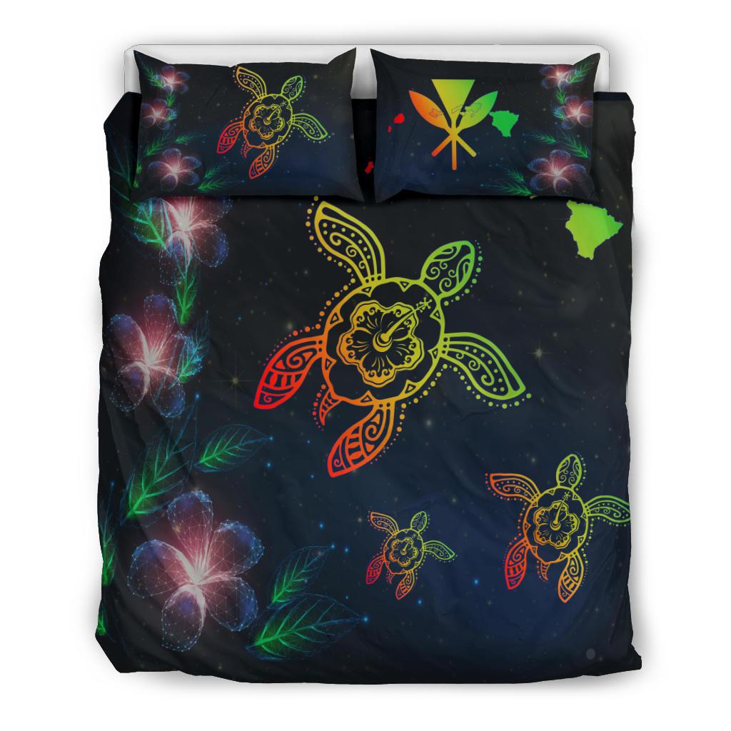 Hawaii Map Turtle Plumeria Galaxy Dark Blue - Bedding Set AH - Polynesian Pride