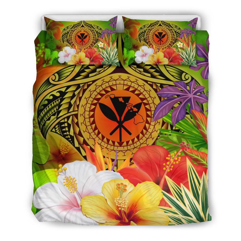Hawaii Polynesian Bedding Set - Kanaka Maoli Manta Ray Tropical Flowers (Reggae) - Polynesian Pride