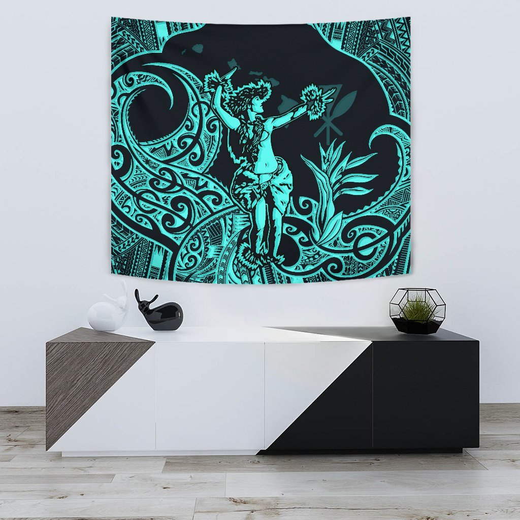 Hawaii Polynesian Tapestry - Hula Girl Neon Blue One Style Small 60" x 51" Blue - Polynesian Pride