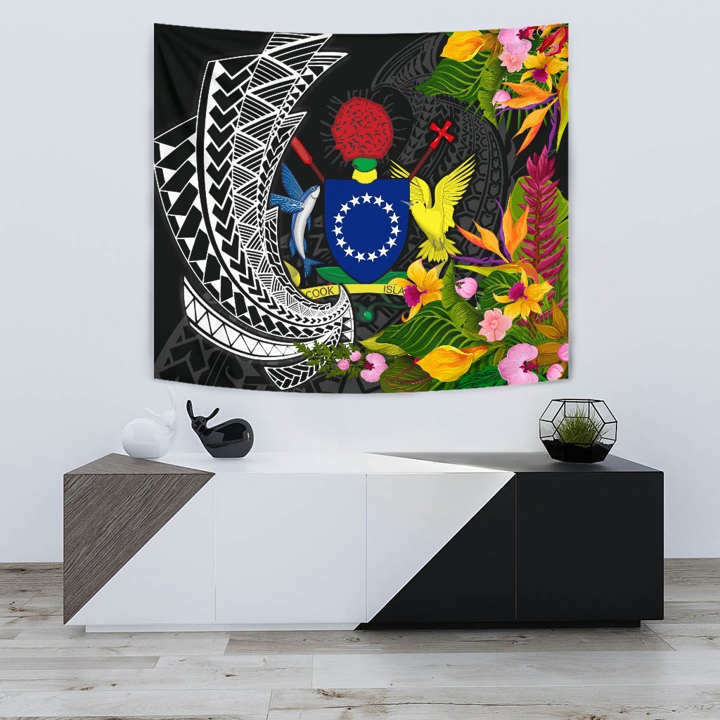 Cook Islands Tapestrys - Seal Spiral Polynesian Patterns Wall Tapestry - Cook Islands Small 60" x 51" Black - Polynesian Pride