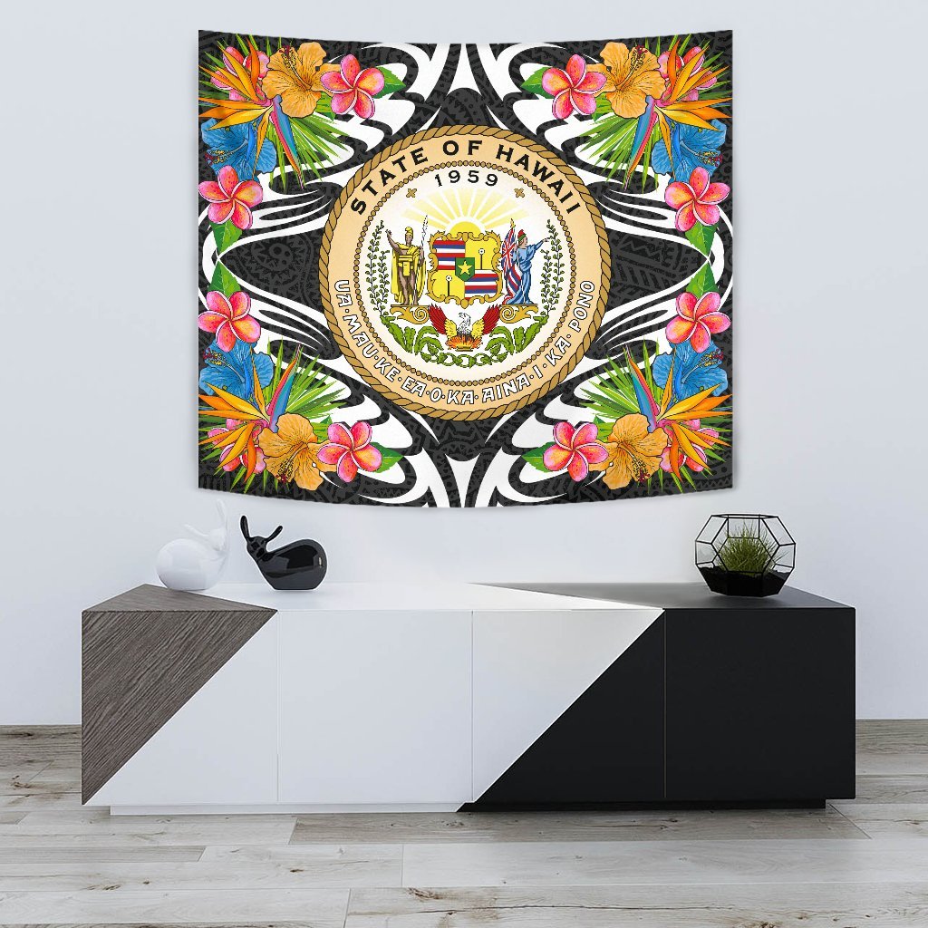 Hawaii Tapestrys - Tropical Flowers Style Wall Tapestry - Hawaii Small 60" x 51" Black - Polynesian Pride