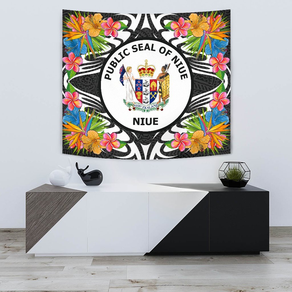 Niue Tapestrys - Tropical Flowers Style Wall Tapestry - Niue Small 60" x 51" Black - Polynesian Pride