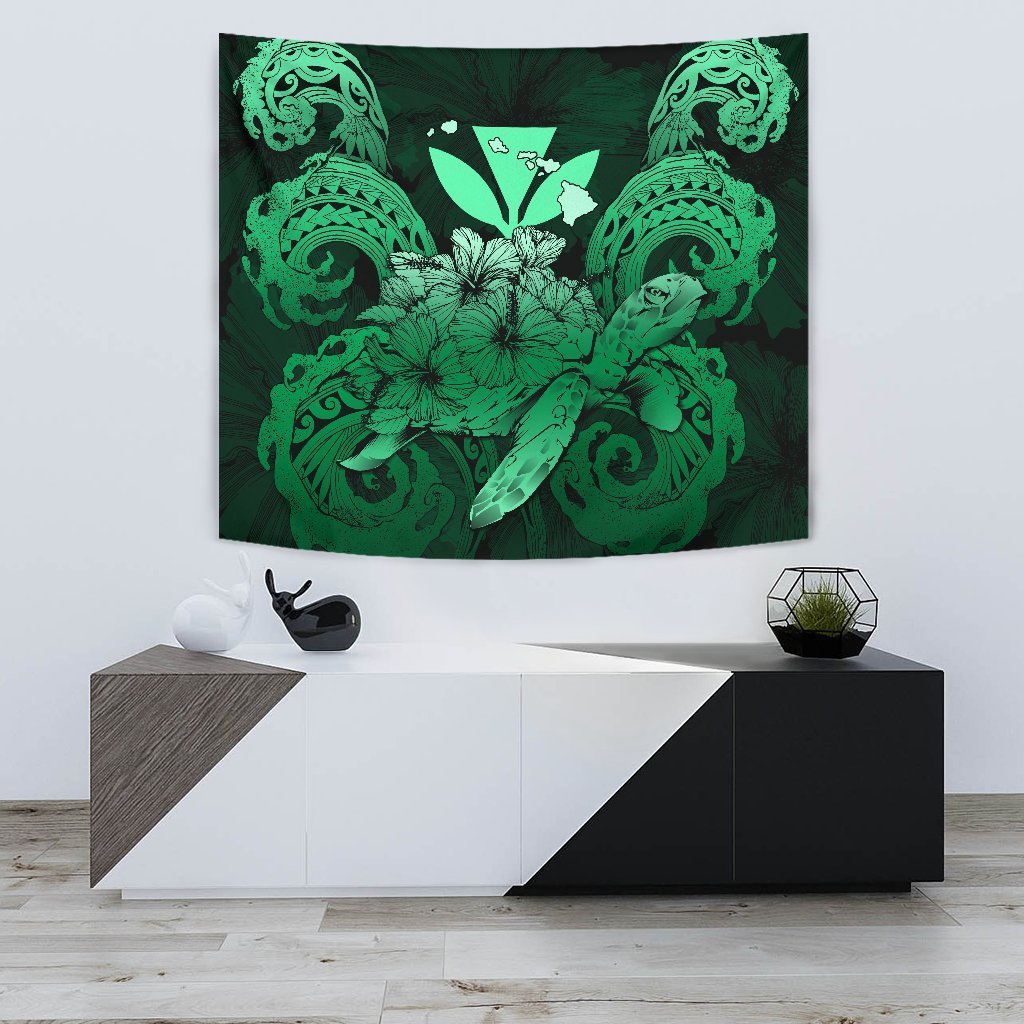 Hawaii Turtle Wave Polynesian Tapestry - Hey Style Green Wall Tapestry Small 60" x 51" Green - Polynesian Pride